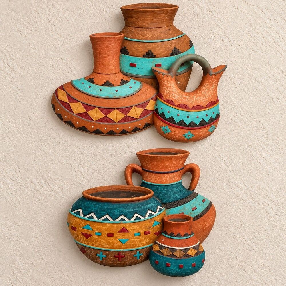 Set 2 Vintage Pottery Vase Wall Hangings Plastic Southwest Decor 6" Brown Aqua